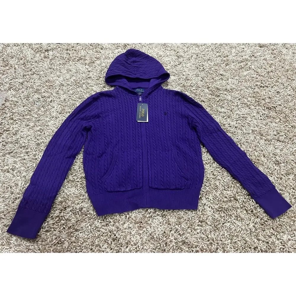 NWT❤️Polo Ralph Lauren Big Girls Mini Cable Cotton Full Zip Hoodie szL(12-14)